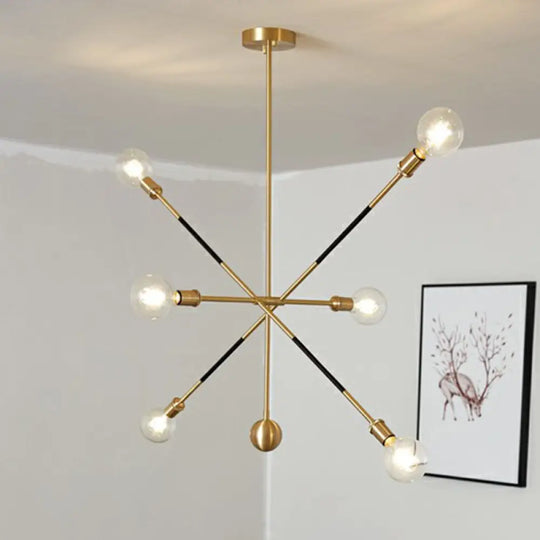 Minimalist Black & Gold Burst Chandelier: 6-Light Metal Pendant Lamp With Adjustable Design