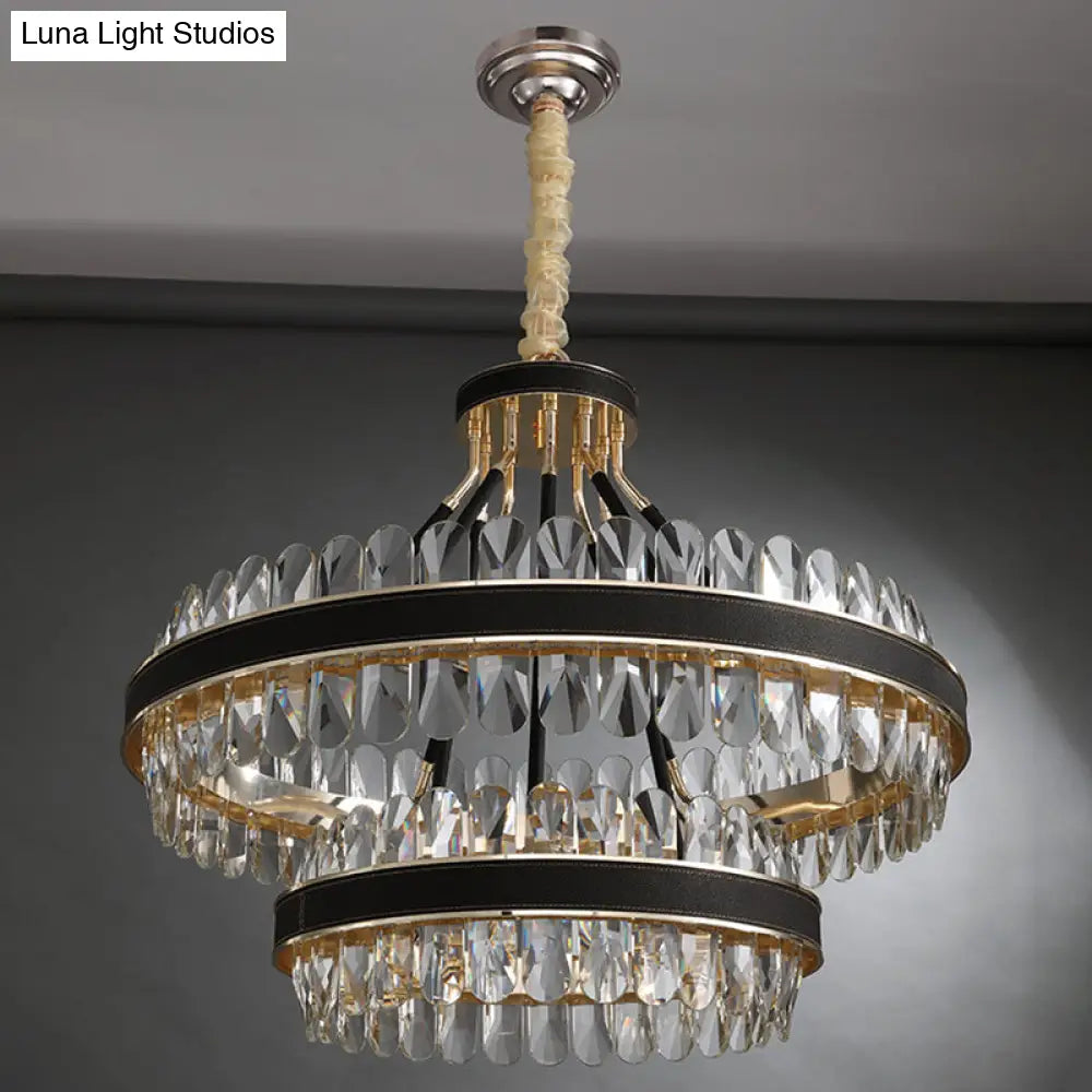 Minimalist Black-Gold Led Chandelier With Crystal Accents - Elegant Ceiling Pendant Light For Living