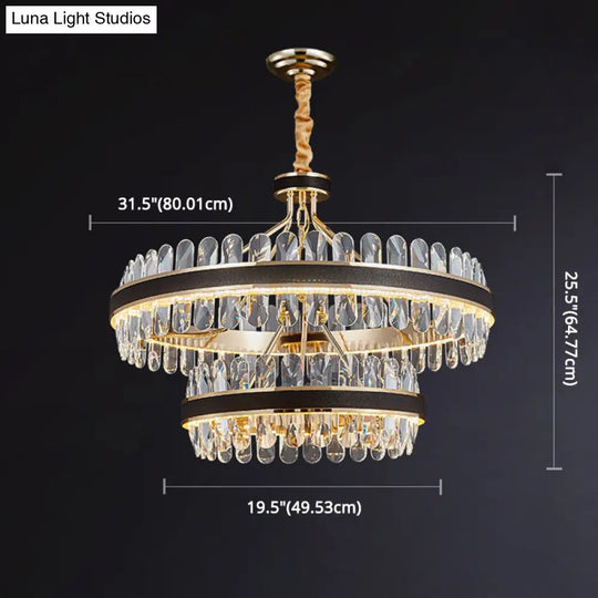 Minimalist Black-Gold Led Chandelier With Crystal Accents - Elegant Ceiling Pendant Light For Living