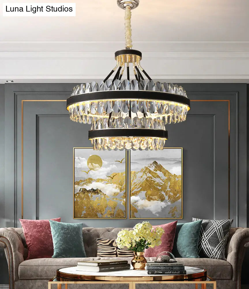 Minimalist Black-Gold Led Chandelier With Crystal Accents - Elegant Ceiling Pendant Light For Living