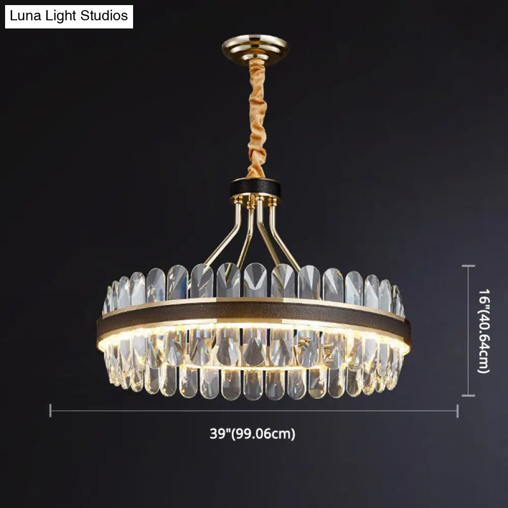 Minimalist Black-Gold Led Chandelier With Crystal Accents - Elegant Ceiling Pendant Light For Living