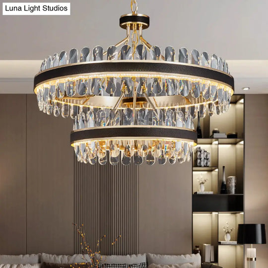 Minimalist Black-Gold Led Chandelier With Crystal Accents - Elegant Ceiling Pendant Light For Living