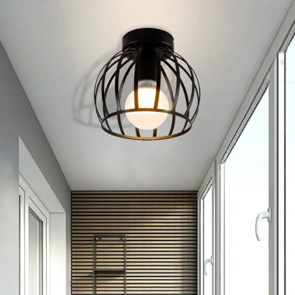 Minimalist Black/Gold Metal Cage Flushmount Light For Corridor Ceiling Mounted Black