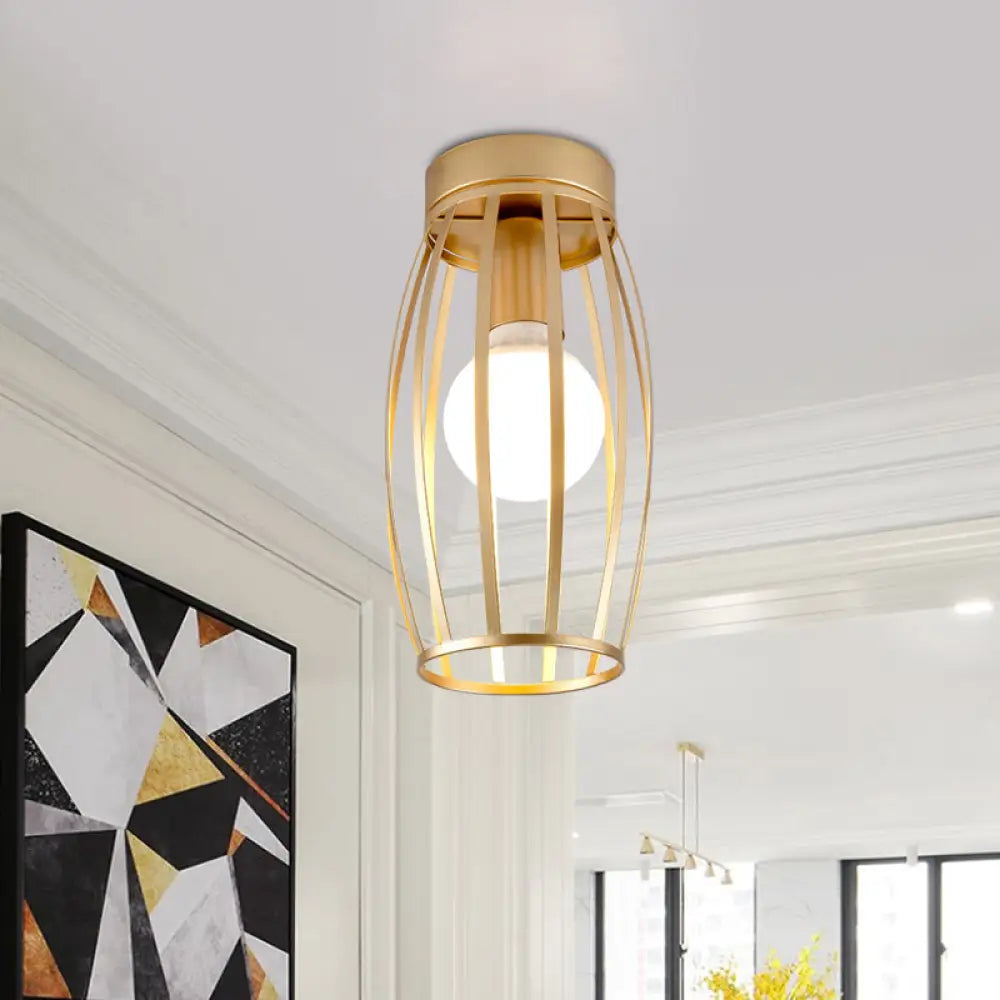 Minimalist Black/Gold Oval Cage Flush Mount Ceiling Fixture With 1 Bulb For Hallway Gold
