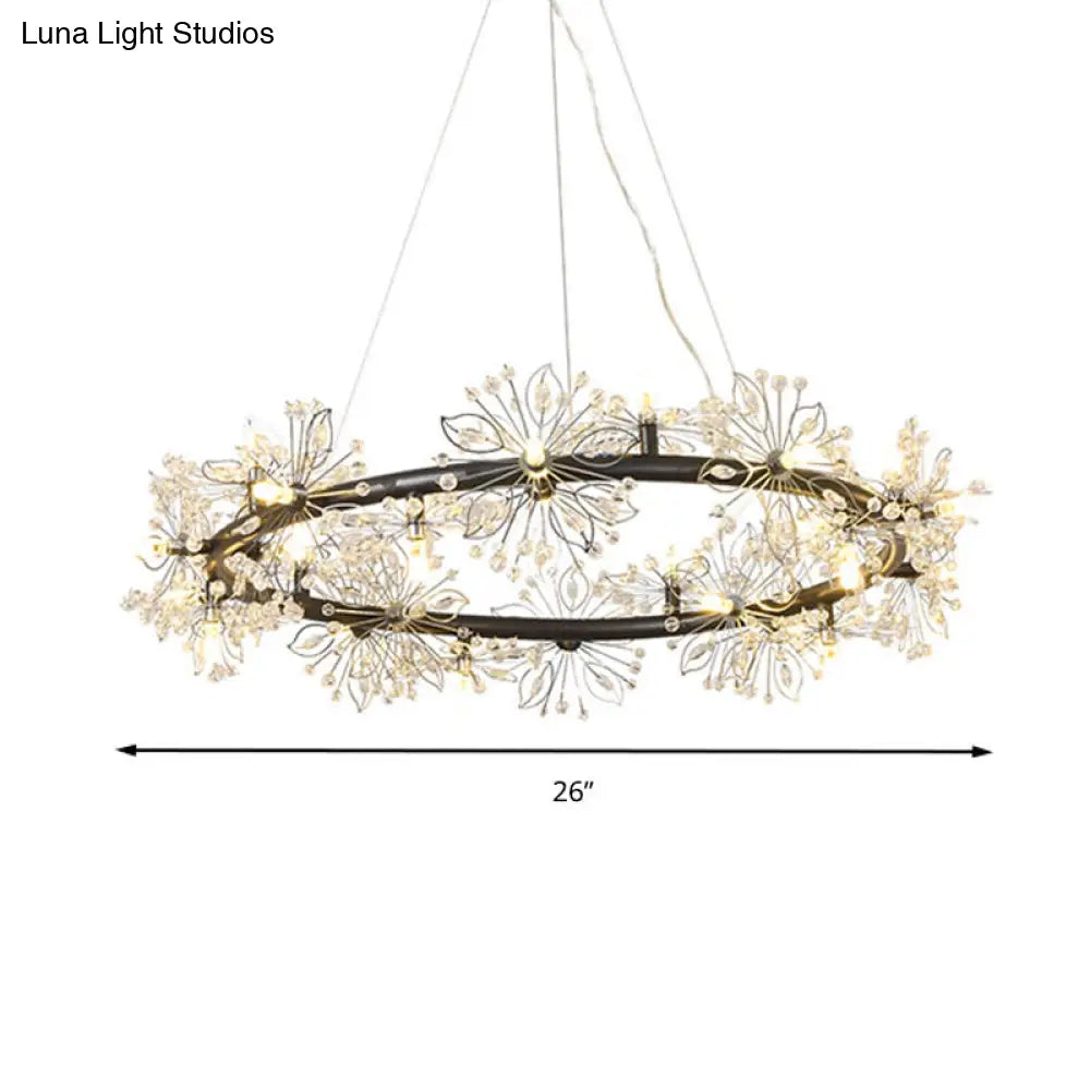 Minimalist Black Circle Crystal Beaded Chandelier: 20.5/26/34 Wide Led Ceiling Lamp