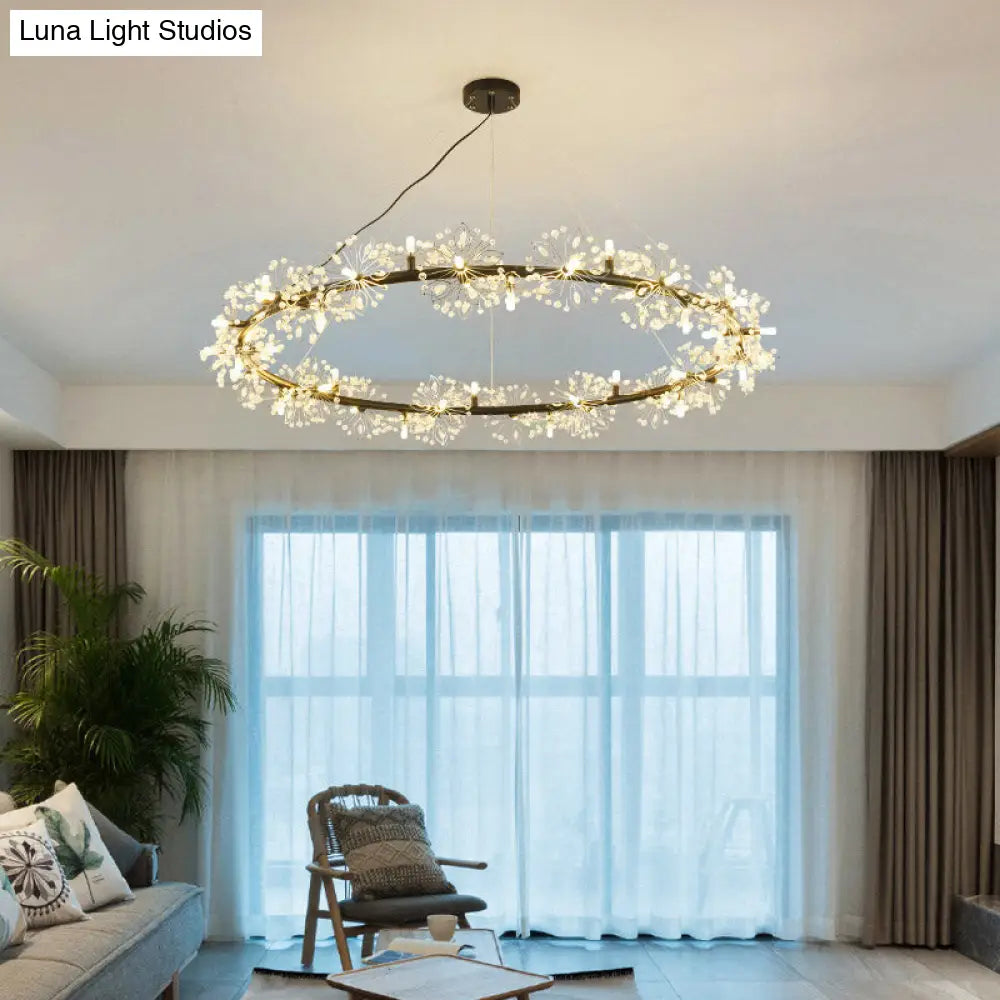 Minimalist Black Circle Crystal Beaded Chandelier: 20.5/26/34 Wide Led Ceiling Lamp