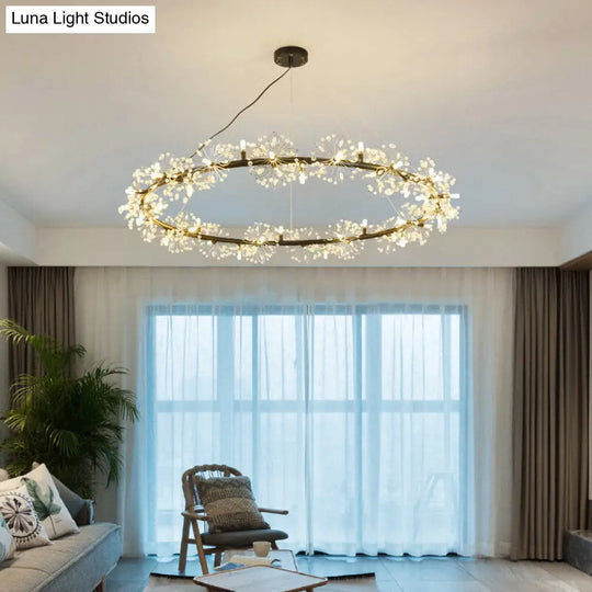 Minimalist Black Circle Crystal Beaded Chandelier: 20.5/26/34 Wide Led Ceiling Lamp