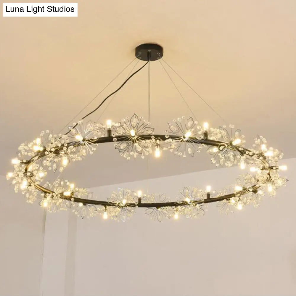 Minimalist Black Circle Crystal Beaded Chandelier: 20.5/26/34 Wide Led Ceiling Lamp