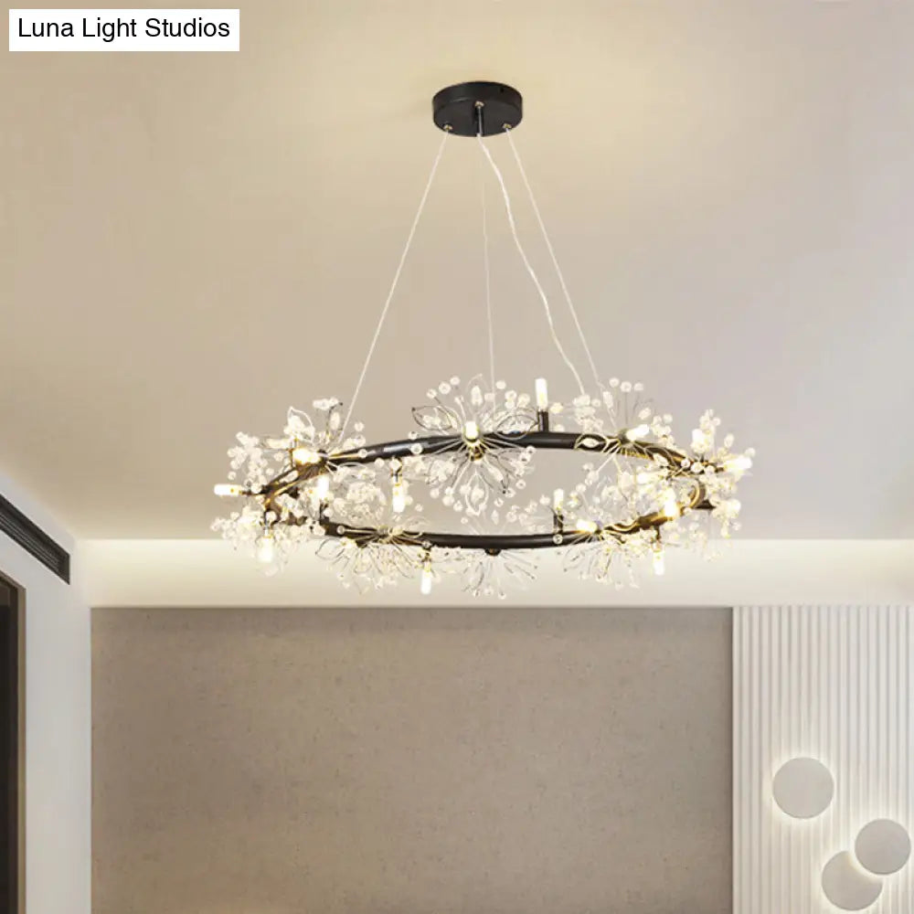 Minimalist Black Led Chandelier - Circle Crystal Beaded Hanging Lamp 20.5’/26’/34’ Wide