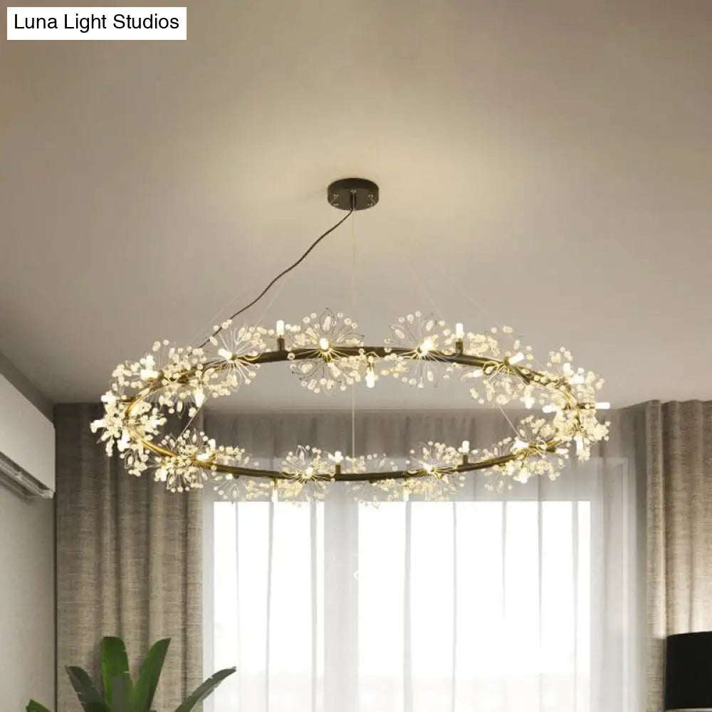 Minimalist Black Circle Crystal Beaded Chandelier: 20.5/26/34 Wide Led Ceiling Lamp