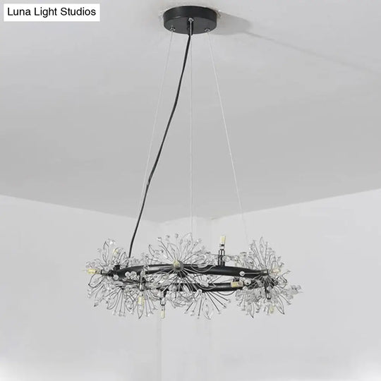 Minimalist Black Led Chandelier - Circle Crystal Beaded Hanging Lamp 20.5’/26’/34’ Wide