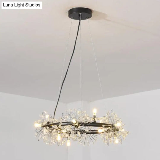 Minimalist Black Circle Crystal Beaded Chandelier: 20.5/26/34 Wide Led Ceiling Lamp