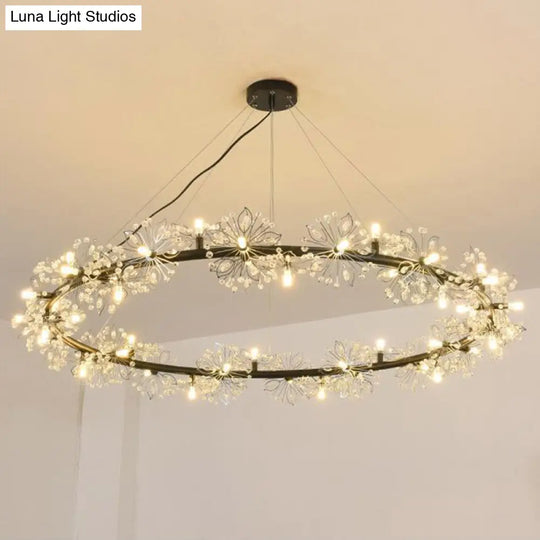 Minimalist Black Led Chandelier - Circle Crystal Beaded Hanging Lamp 20.5’/26’/34’ Wide