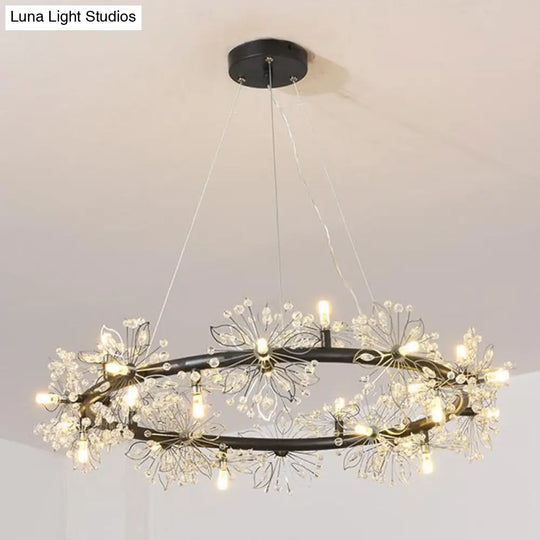 Minimalist Black Led Chandelier - Circle Crystal Beaded Hanging Lamp 20.5’/26’/34’ Wide