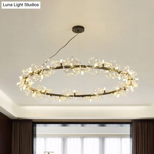 Minimalist Black Circle Crystal Beaded Chandelier: 20.5/26/34 Wide Led Ceiling Lamp