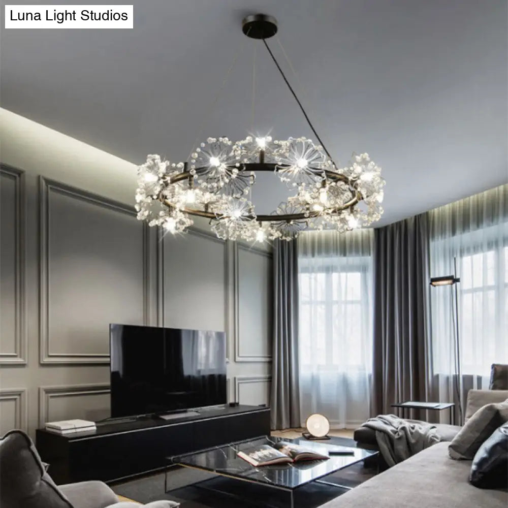 Minimalist Black Circle Crystal Beaded Chandelier: 20.5/26/34 Wide Led Ceiling Lamp