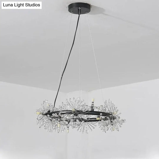 Minimalist Black Circle Crystal Beaded Chandelier: 20.5/26/34 Wide Led Ceiling Lamp