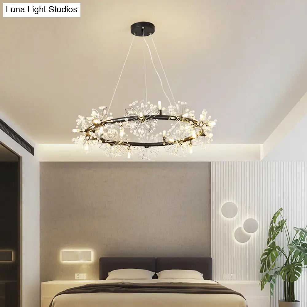 Minimalist Black Circle Crystal Beaded Chandelier: 20.5/26/34 Wide Led Ceiling Lamp / 26