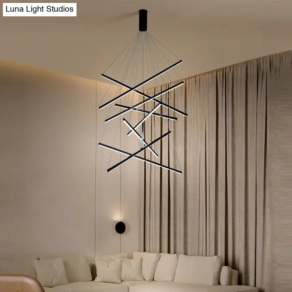 Minimalist Black Led Chandelier: Stylish Metal Suspension Lamp For Lobby