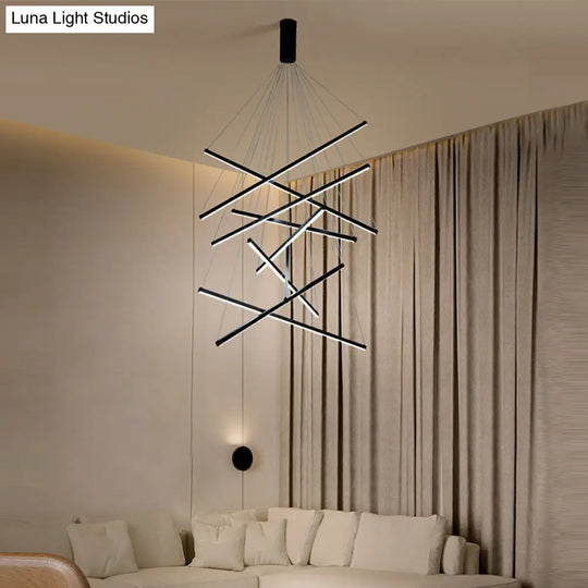 Minimalist Black Led Chandelier: Stylish Metal Suspension Lamp For Lobby