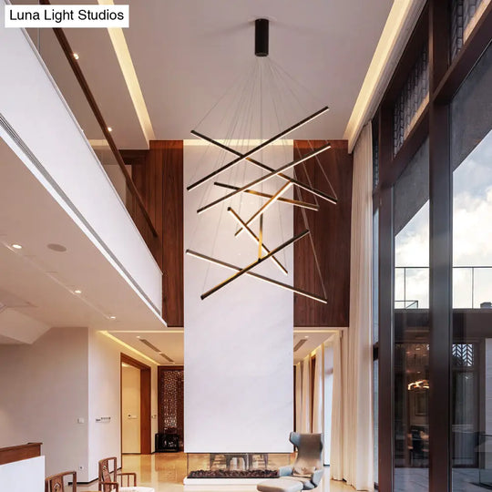 Minimalist Black Led Chandelier: Stylish Metal Suspension Lamp For Lobby