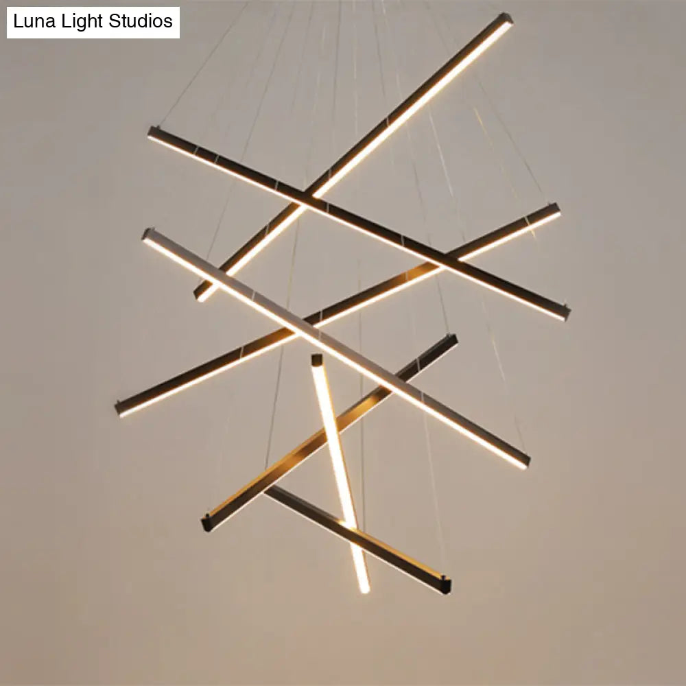 Minimalist Black Led Chandelier: Stylish Metal Suspension Lamp For Lobby