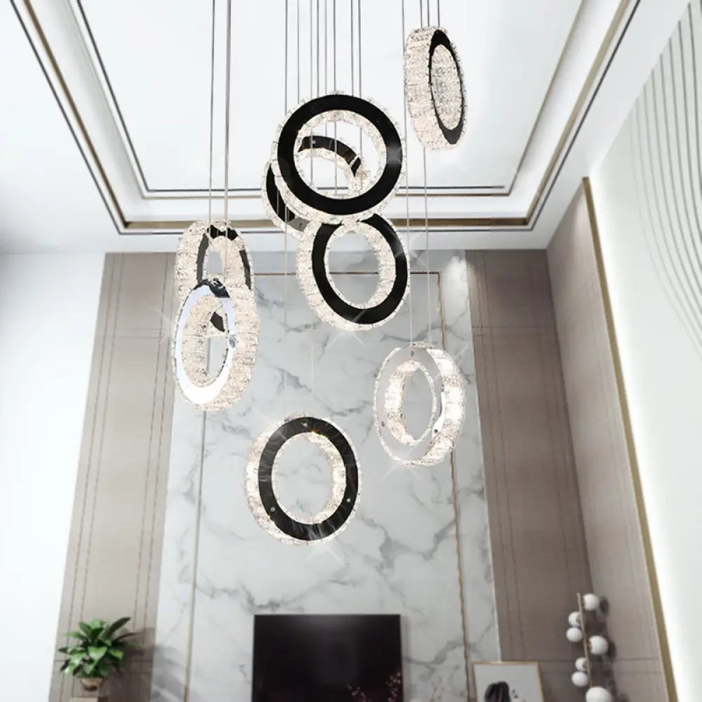 Minimalist Black Led Pendant With Ring Crystal Cluster For Living Room Down Lighting