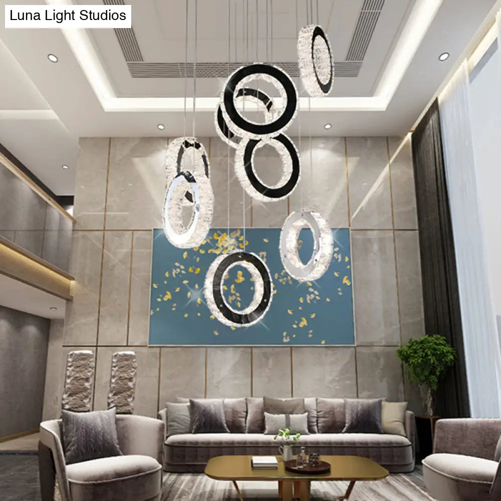 Minimalist Black Led Pendant With Ring Crystal Cluster For Living Room Down Lighting