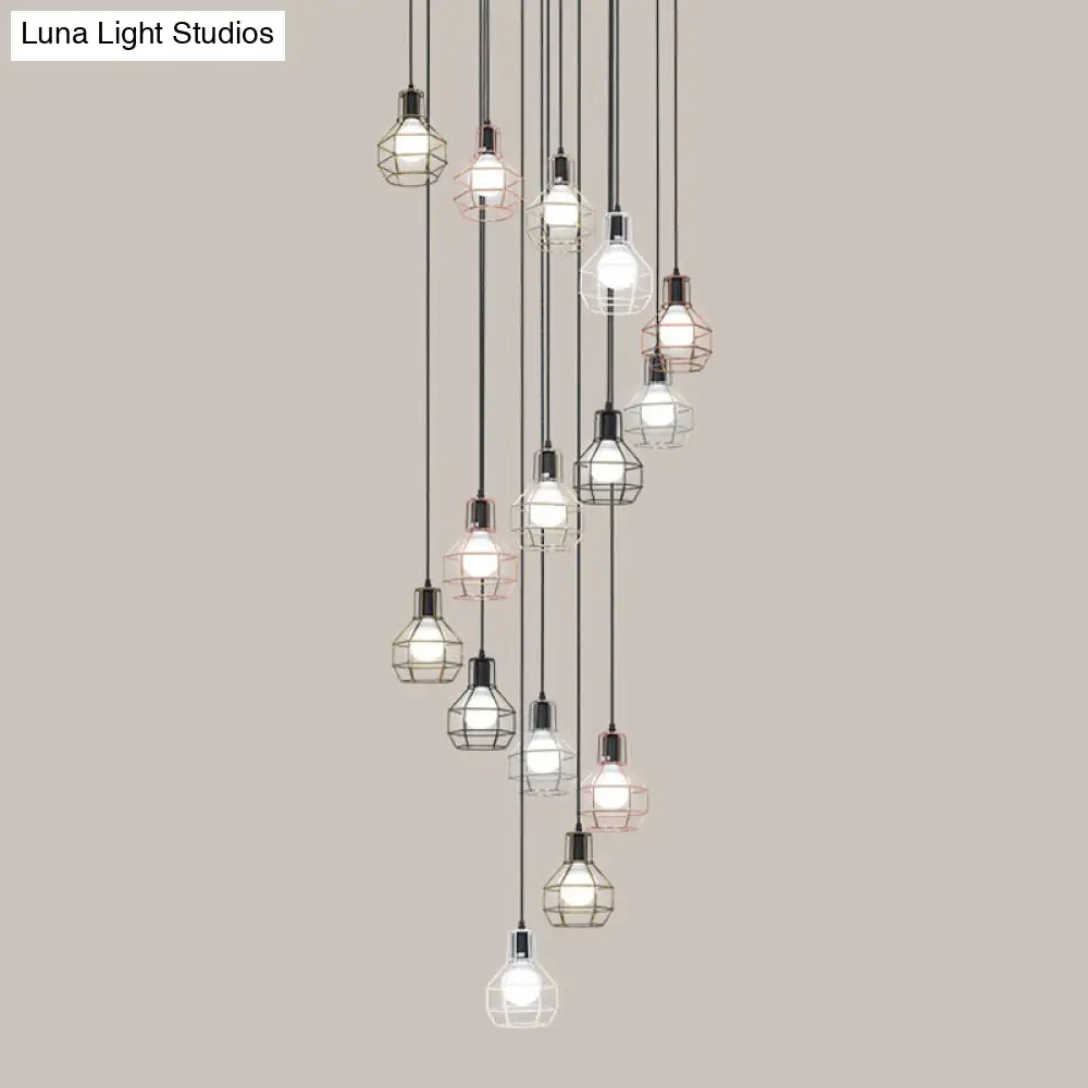 Minimalist Black Metal Cage Suspension Light - Multi-Light Pendant For Staircase