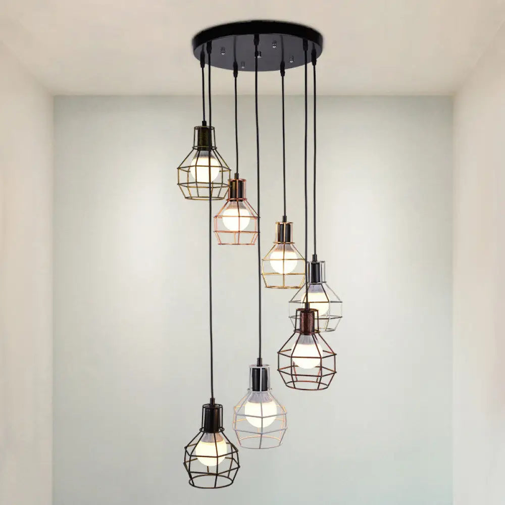 Minimalist Black Metal Grenade Cage Pendant Light For Staircase With Multiple Lights 7 /