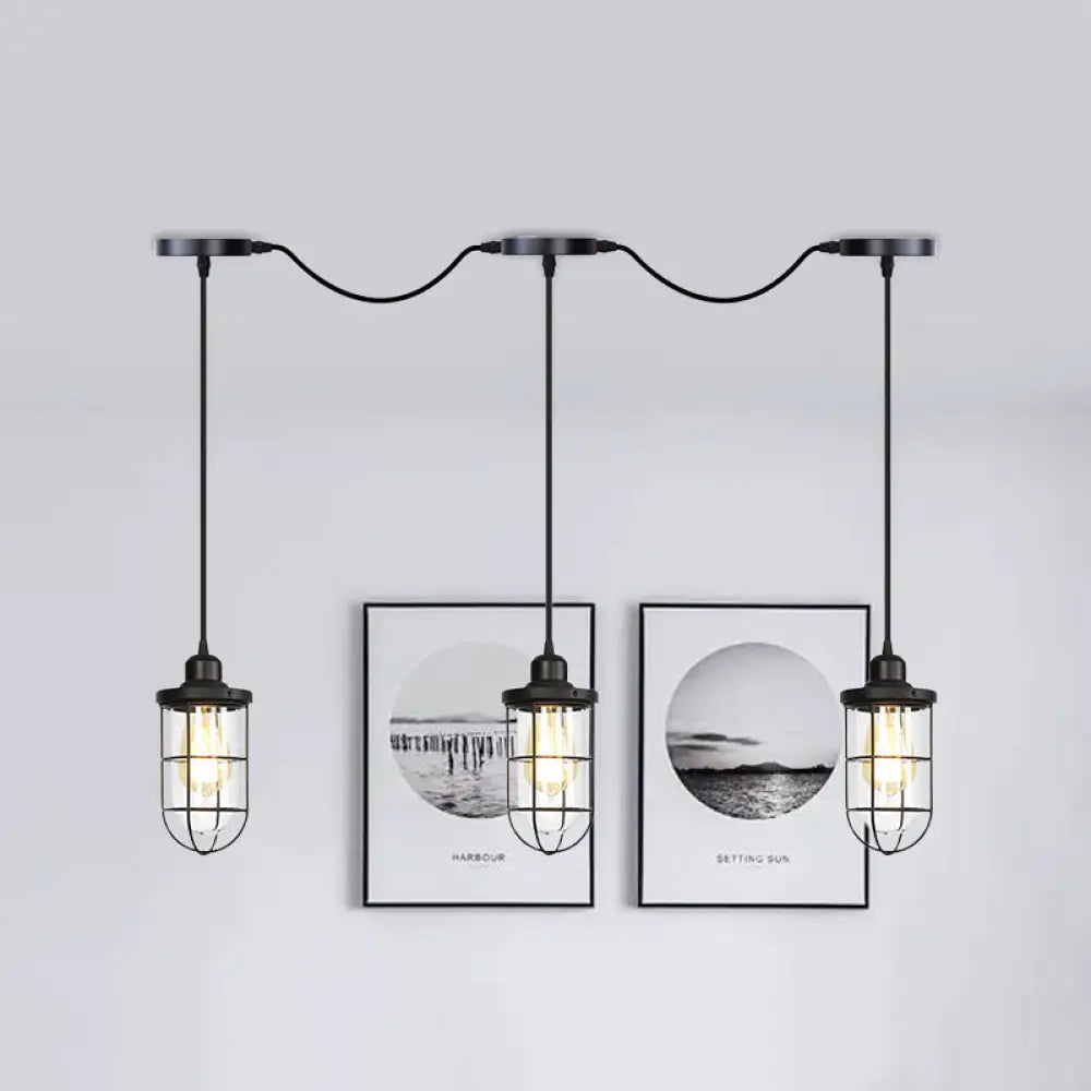 Minimalist Black Multi Light Chandelier With Clear Glass Cage - Farmhouse Tandem Ceiling Lamp 3 /