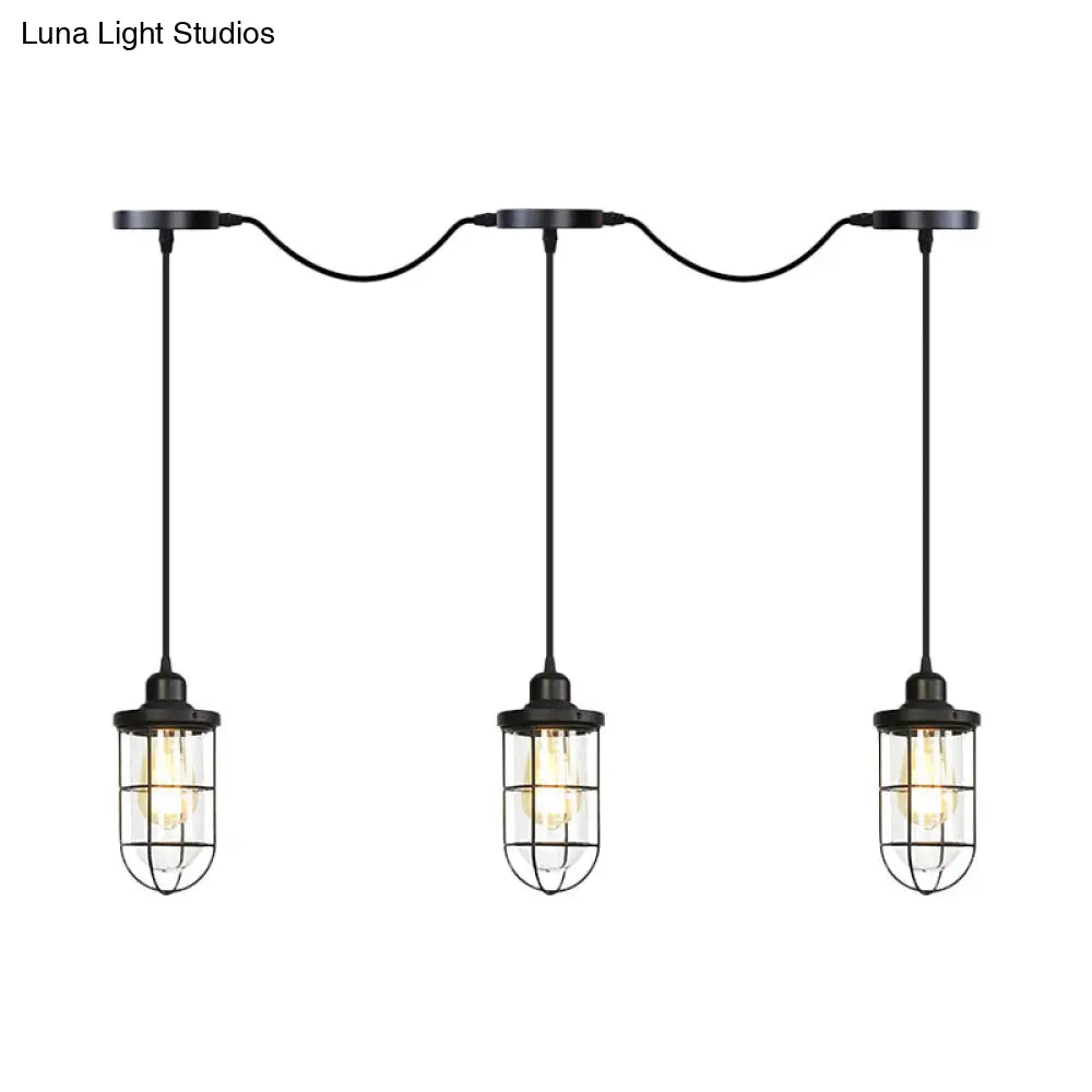 Black Multi-Light Chandelier | Farmhouse Style Clear Glass Cage Tandem Ceiling Lamp