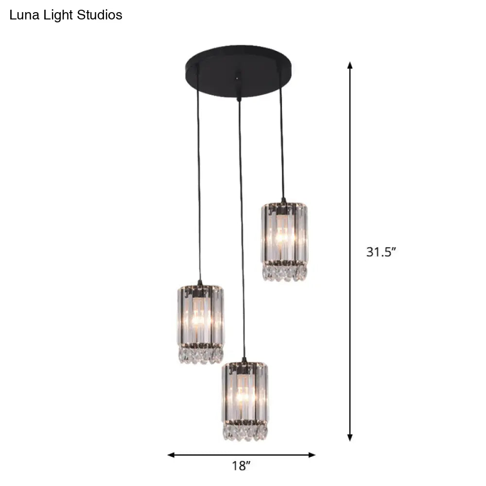 Minimalist Black Multi Pendant Light With Crystal Prisms Cylinder Design And 3 Heads - Available In