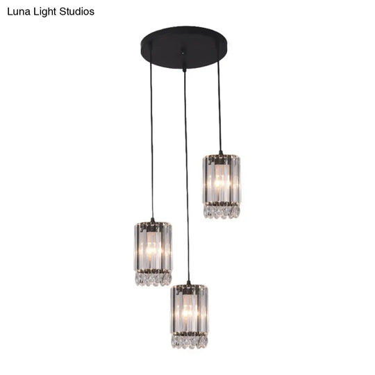 Black Cylinder Crystal Prisms Pendant Light - Minimalist Down Lighting 3 Heads 18/27 Wide