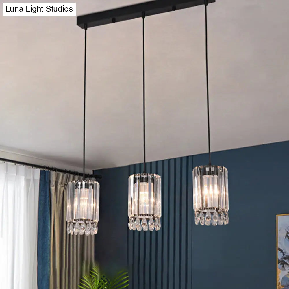 Black Cylinder Crystal Prisms Pendant Light - Minimalist Down Lighting 3 Heads 18/27 Wide