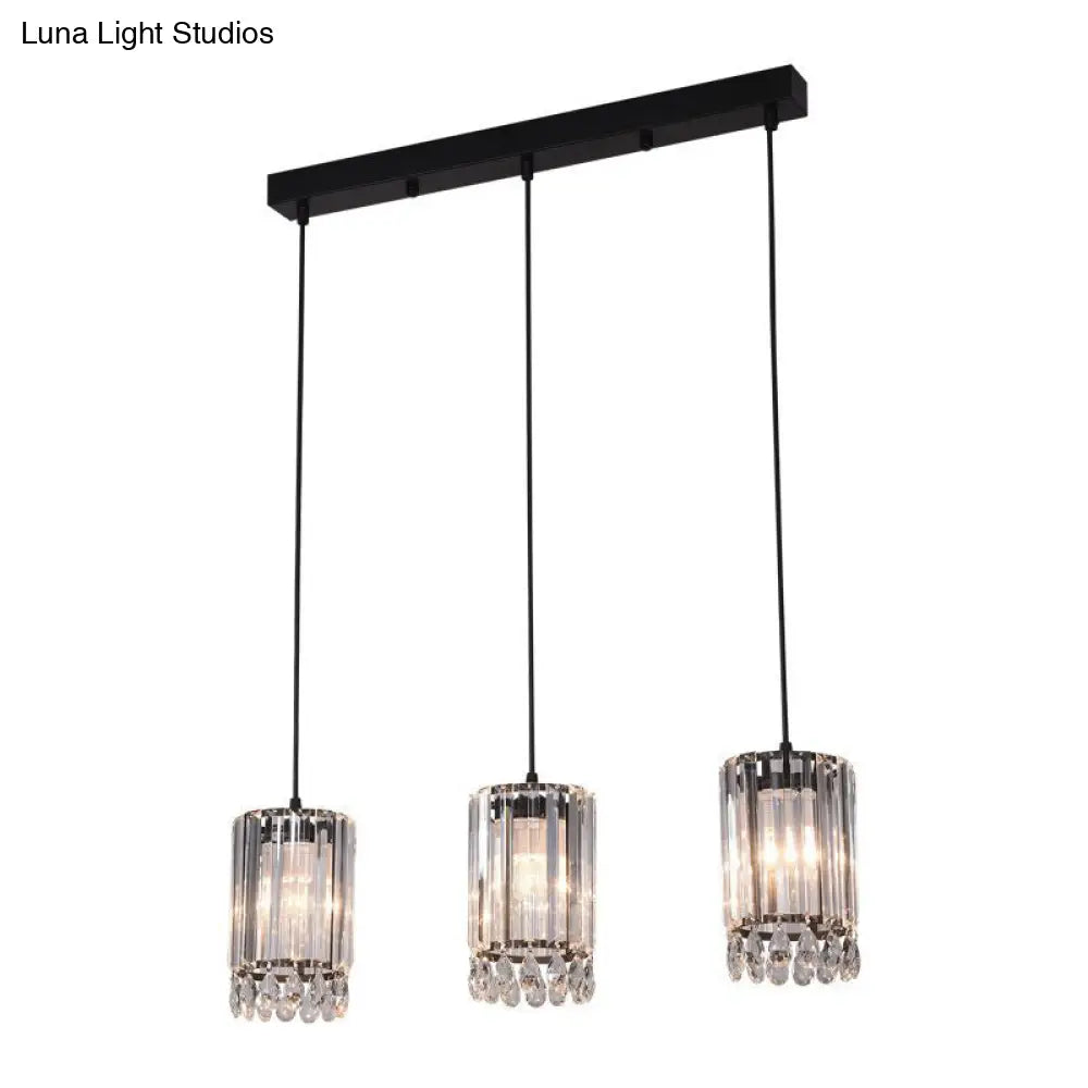 Minimalist Black Multi Pendant Light With Crystal Prisms Cylinder Design And 3 Heads - Available In