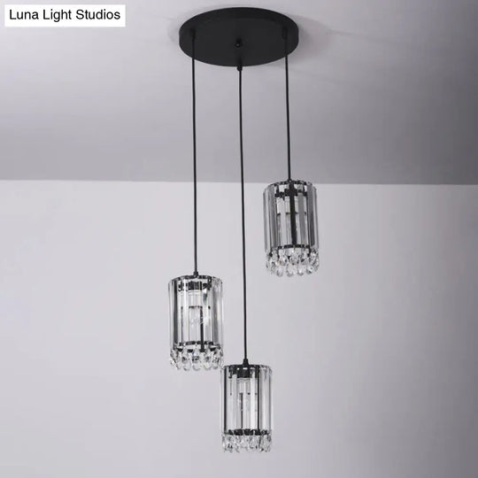 Minimalist Black Multi Pendant Light With Crystal Prisms Cylinder Design And 3 Heads - Available In