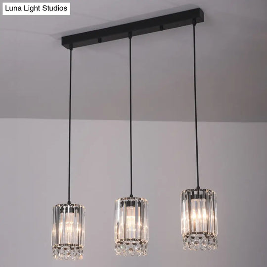 Black Cylinder Crystal Prisms Pendant Light - Minimalist Down Lighting 3 Heads 18/27 Wide