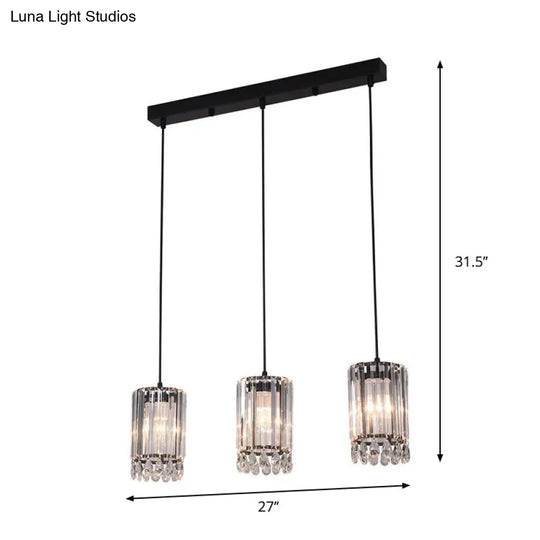 Black Cylinder Crystal Prisms Pendant Light - Minimalist Down Lighting 3 Heads 18/27 Wide