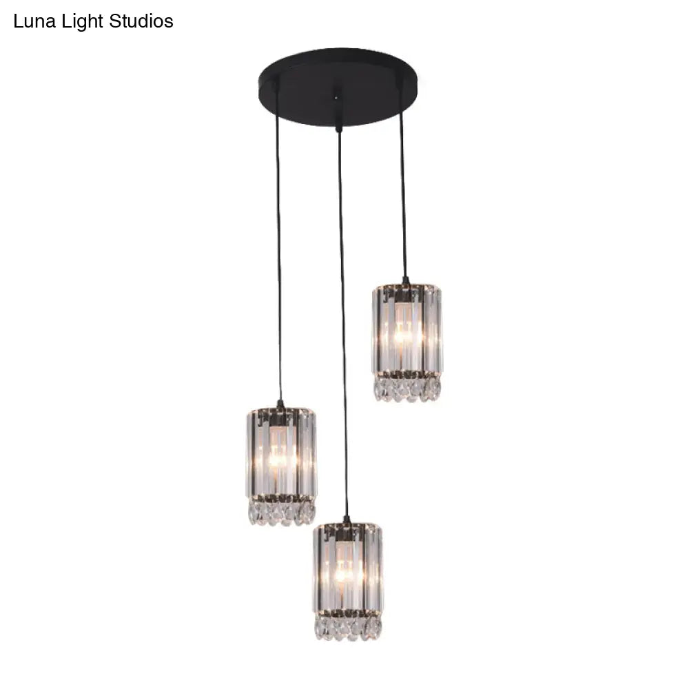 Minimalist Black Multi Pendant Light With Crystal Prisms Cylinder Design And 3 Heads - Available In