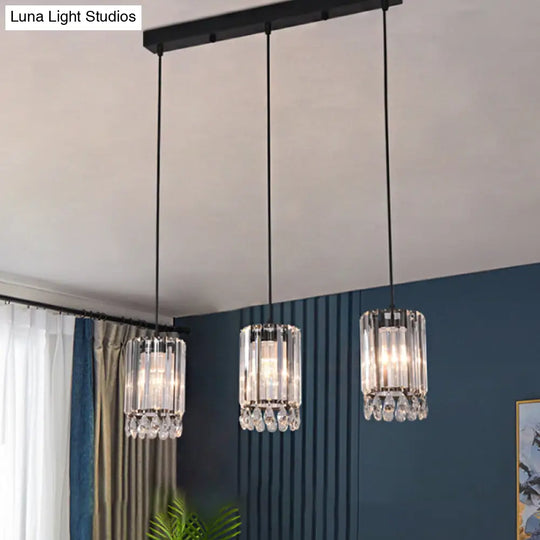 Minimalist Black Multi Pendant Light With Crystal Prisms Cylinder Design And 3 Heads - Available In