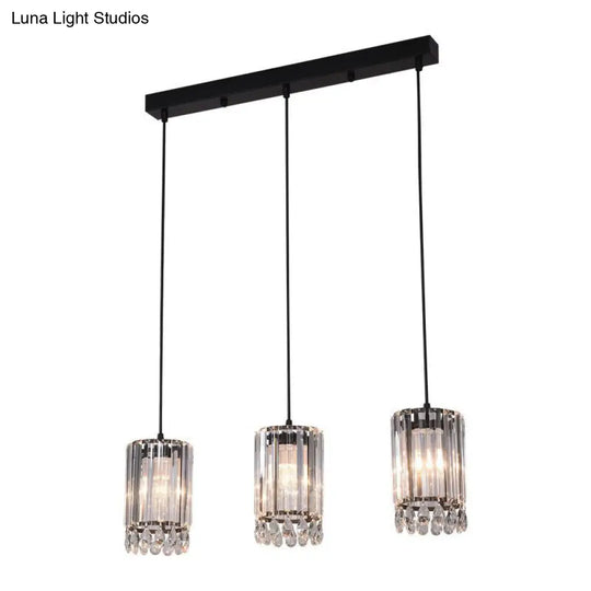 Black Cylinder Crystal Prisms Pendant Light - Minimalist Down Lighting 3 Heads 18/27 Wide