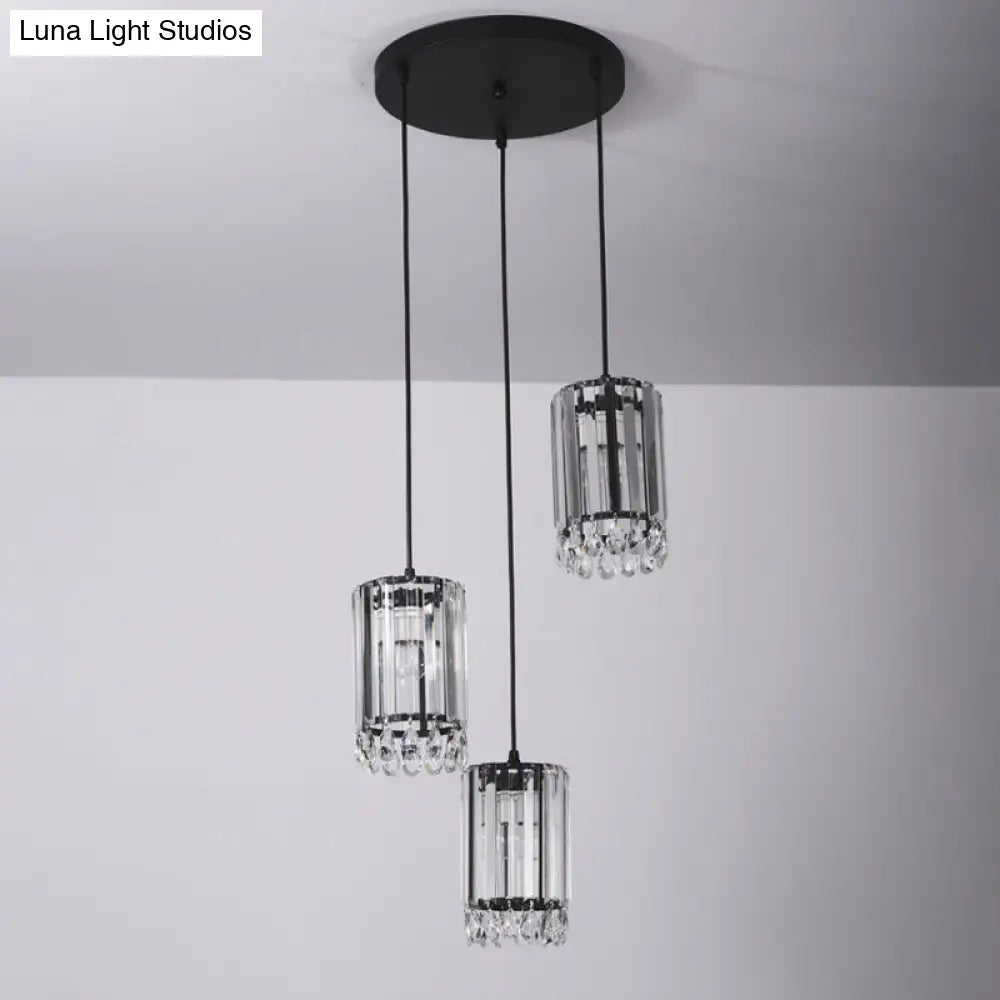 Black Cylinder Crystal Prisms Pendant Light - Minimalist Down Lighting 3 Heads 18/27 Wide