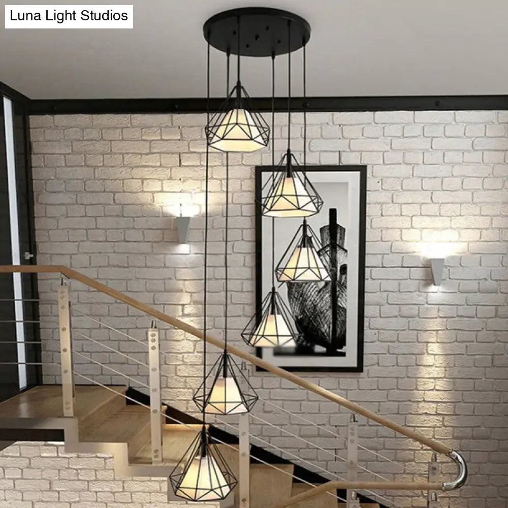 Sleek Black Spiral Diamond Cage Pendant Light With 6 Bulbs - Ideal For Stairwell Or Suspension