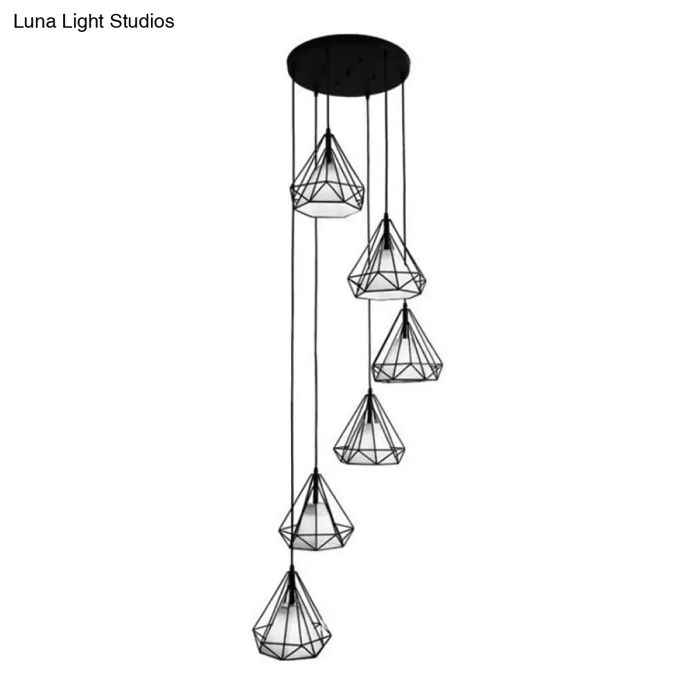 Sleek Black Spiral Diamond Cage Pendant Light With 6 Bulbs - Ideal For Stairwell Or Suspension