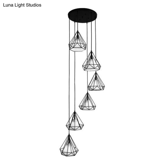 Sleek Black Spiral Diamond Cage Pendant Light With 6 Bulbs - Ideal For Stairwell Or Suspension