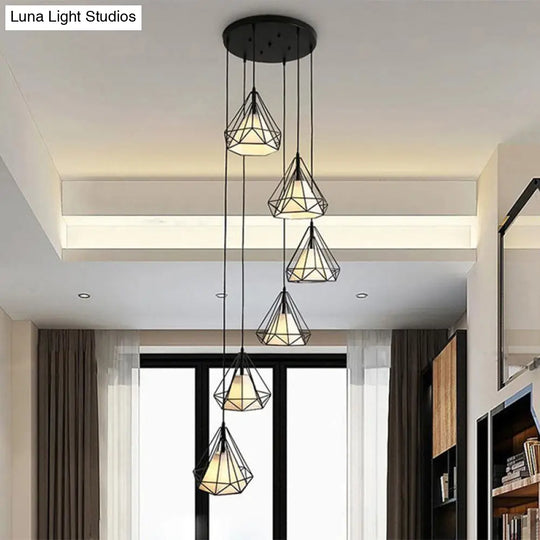 Minimalist Black Spiral Diamond Cage Pendant Light With 6 Metallic Suspension Bulbs For Stairwell