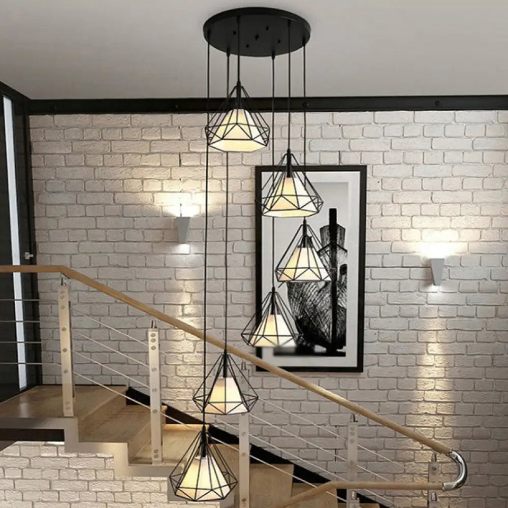 Minimalist Black Spiral Diamond Cage Pendant Light With 6 Metallic Suspension Bulbs For Stairwell