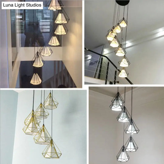 Sleek Black Spiral Diamond Cage Pendant Light With 6 Bulbs - Ideal For Stairwell Or Suspension