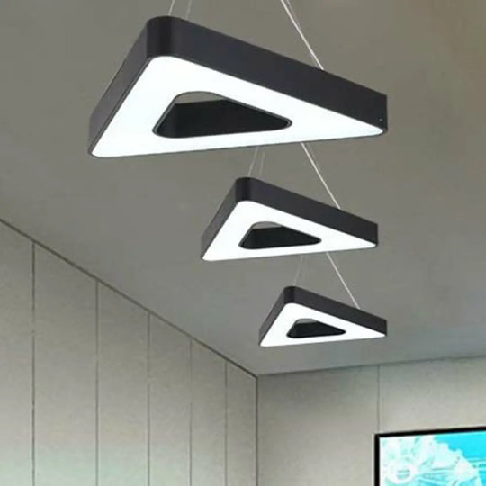 Minimalist Black Triangle Chandelier: Conference Room Pendant Light With Acrylic Panels And Led Glow